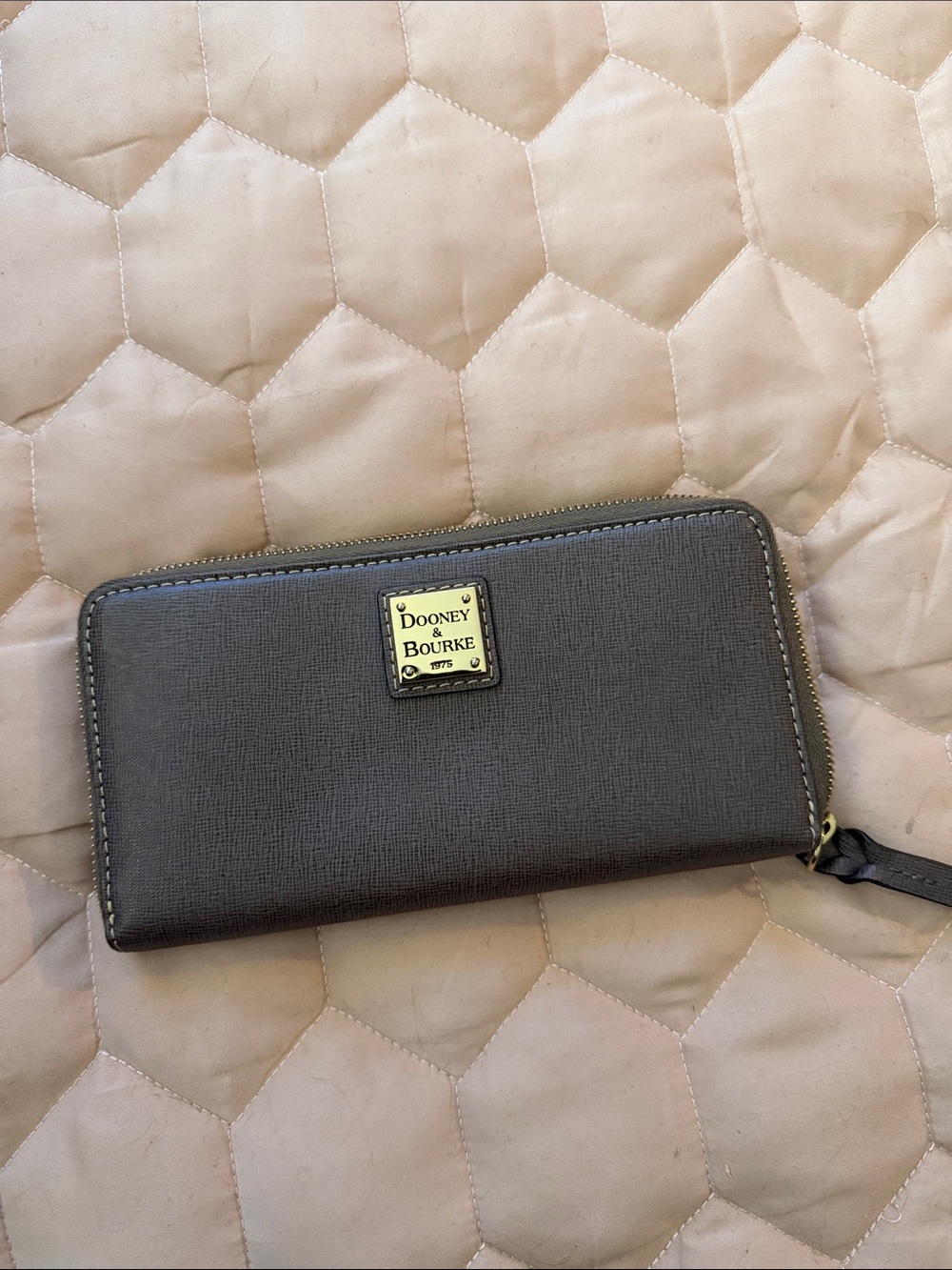 Dooney & Bourke “Elephant” Gray Zip-Around Saffiano Wallet with Gold Plaque